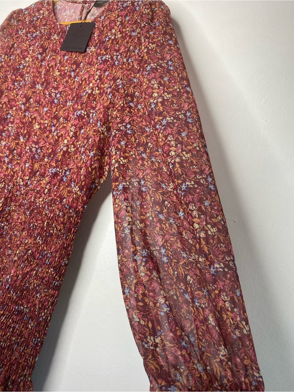 NWT Smocked ruffle mini dress floral Balloon Long sleeve Size M Maroon Wine - Picture 6 of 10